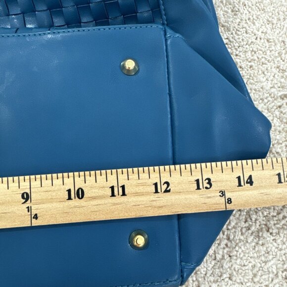 Joan Rivers Slouchy Teal Faux Leather Woven Tote Shoulder Bag Gold Chain Strap L - Picture 6 of 16